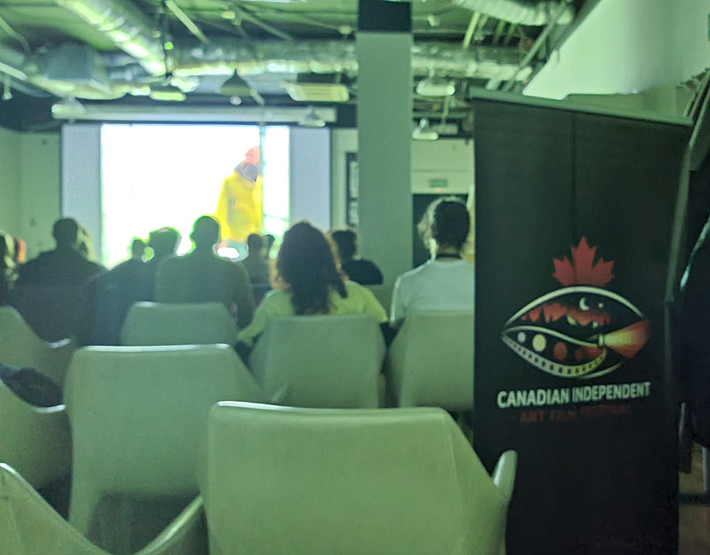 Festival banner and screening setup